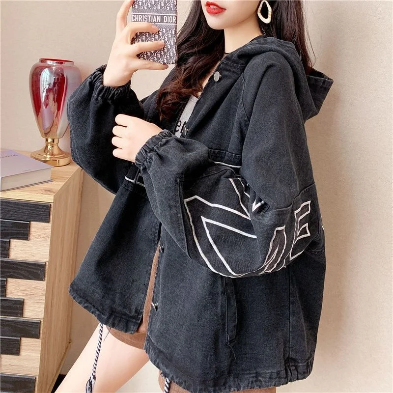 Medium Long Spring Autumn New Denim Jacket Female Loose Korean Version Embroidery Letter Coat Fashion Hooded Women Cowgirl Top