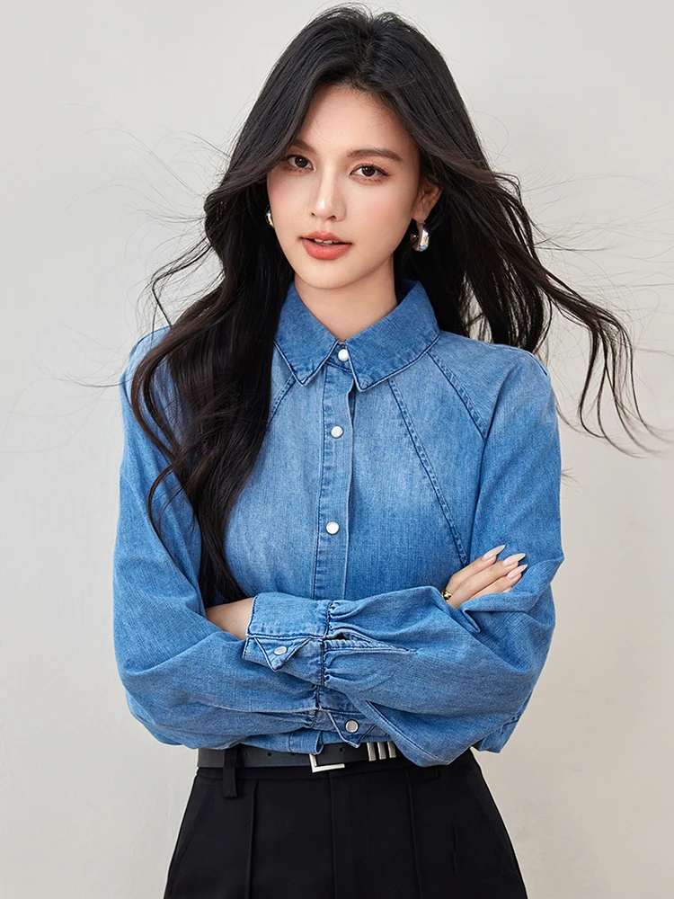 Retro Long Sleeve Denim Shirt Women Casual Solid Color Turn Down Collar Shirts Single Breasted Loose Casual Shirts 2024 Autumn