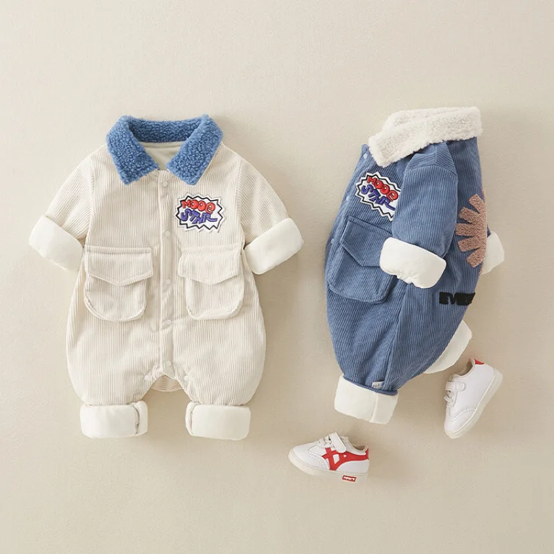 

Korean Newborn Baby Clothes Winter Boys Babies Jumpsuit Plus Velvet Cute Cartoon Kids Romper Pure Cotton Children Crawl Suit New