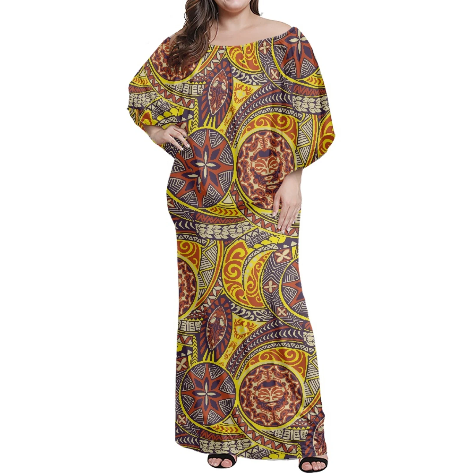 Samoan Tribe With Shawl Wome Ponchos Dress New Design For Winter Hawaiian Trendy Dress Off The Shoulder Maxi Evening Gown