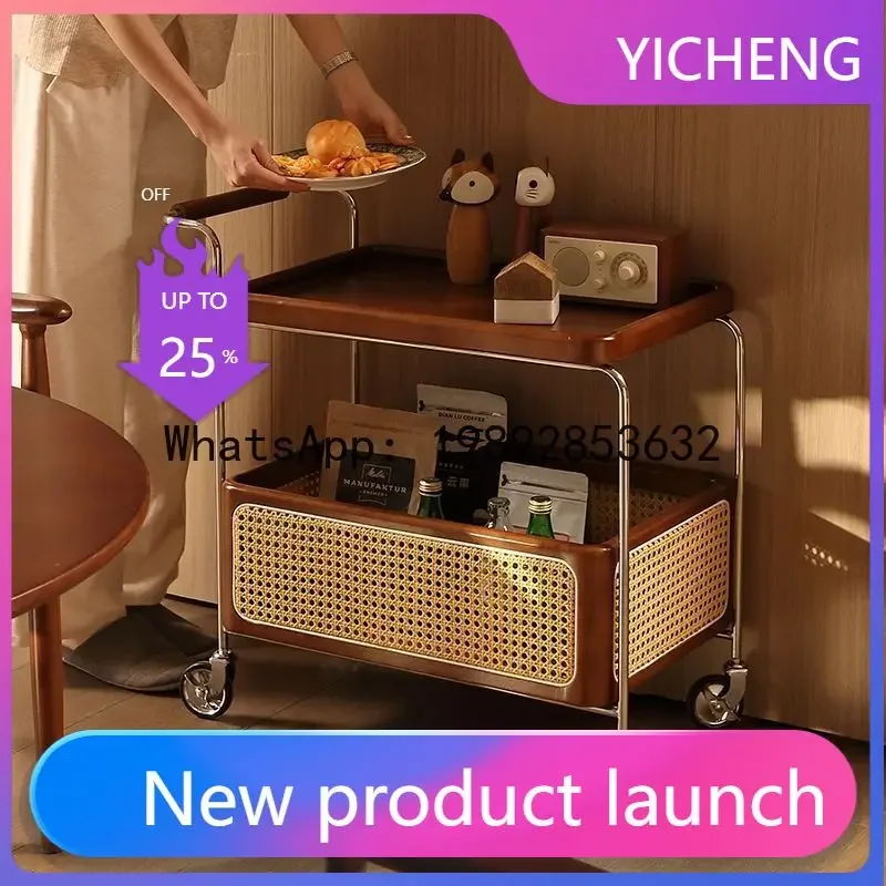 a-16 solid wood mobile side table with wheels, stainless steel storage cart, living room storage rattan organizer