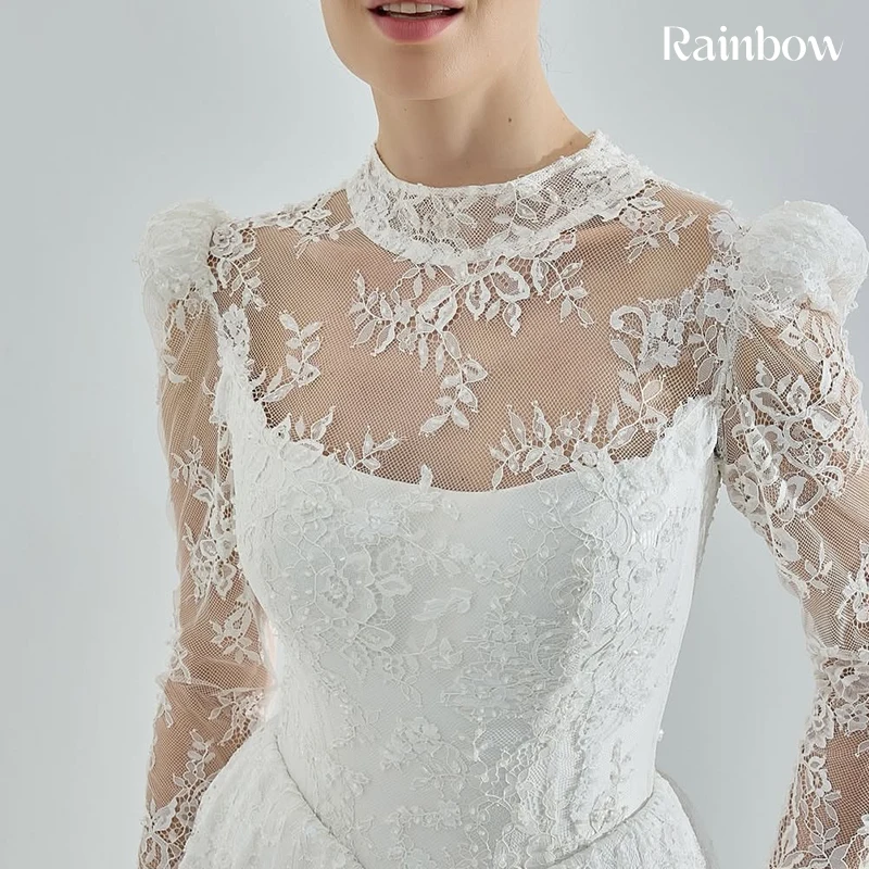 فستان زفاف برقبة عالية أورجانزا رشيقة مع تطريز على شكل حرف a ثوب حفلة كم كامل مخصص للعروس بأربطة فيستدو دي نوفيا