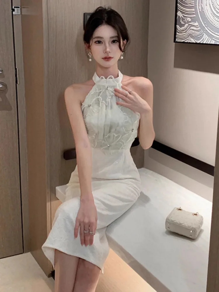 Topenomi Luxury Halter Flowers Banquet Party Dress Women French Sexy High Waist Slim Fit Evening Gown Elegant Cocktail Dresses