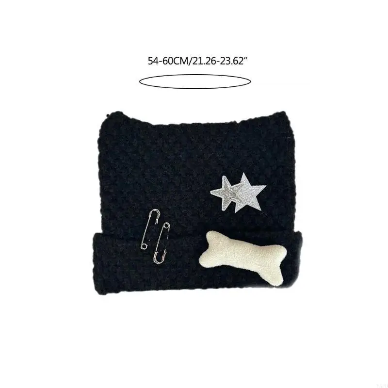 y5jd punk beanie kebknited hat ear for y2k girl hat with crocheted beanie for 2000s