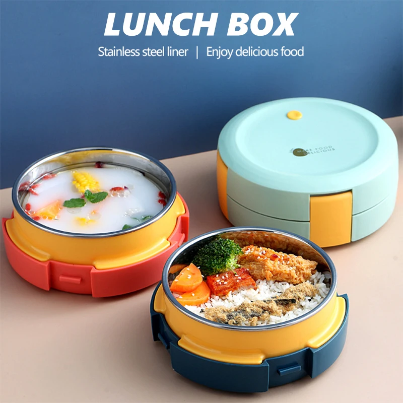 

Round Insulated Lunch Box Kids Food Storage Cute Bento Box With Spoon and Fork Portable 304 Stainless Steel Thermal Lunchbox