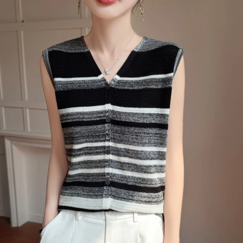 Old Money Wind V-Neck Striped Tank Top 100% Knitted Short Sleeve Women's Sleeveless T-shirt Versatile Top Summer New Fashion
