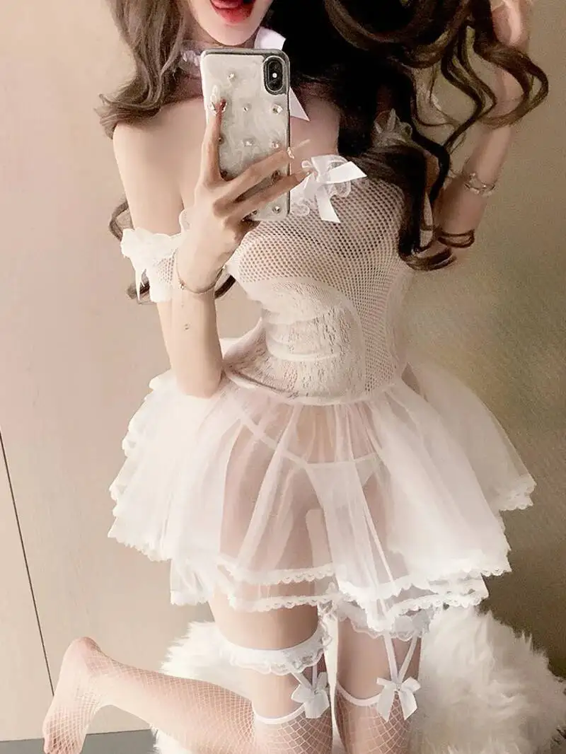 Mesh Lace Sheer Sweet Mini Dress 2025 New Lace Korean Women Dresses Strapless Mesh Dress Elegant Sexy Pure Desire Tops G68U