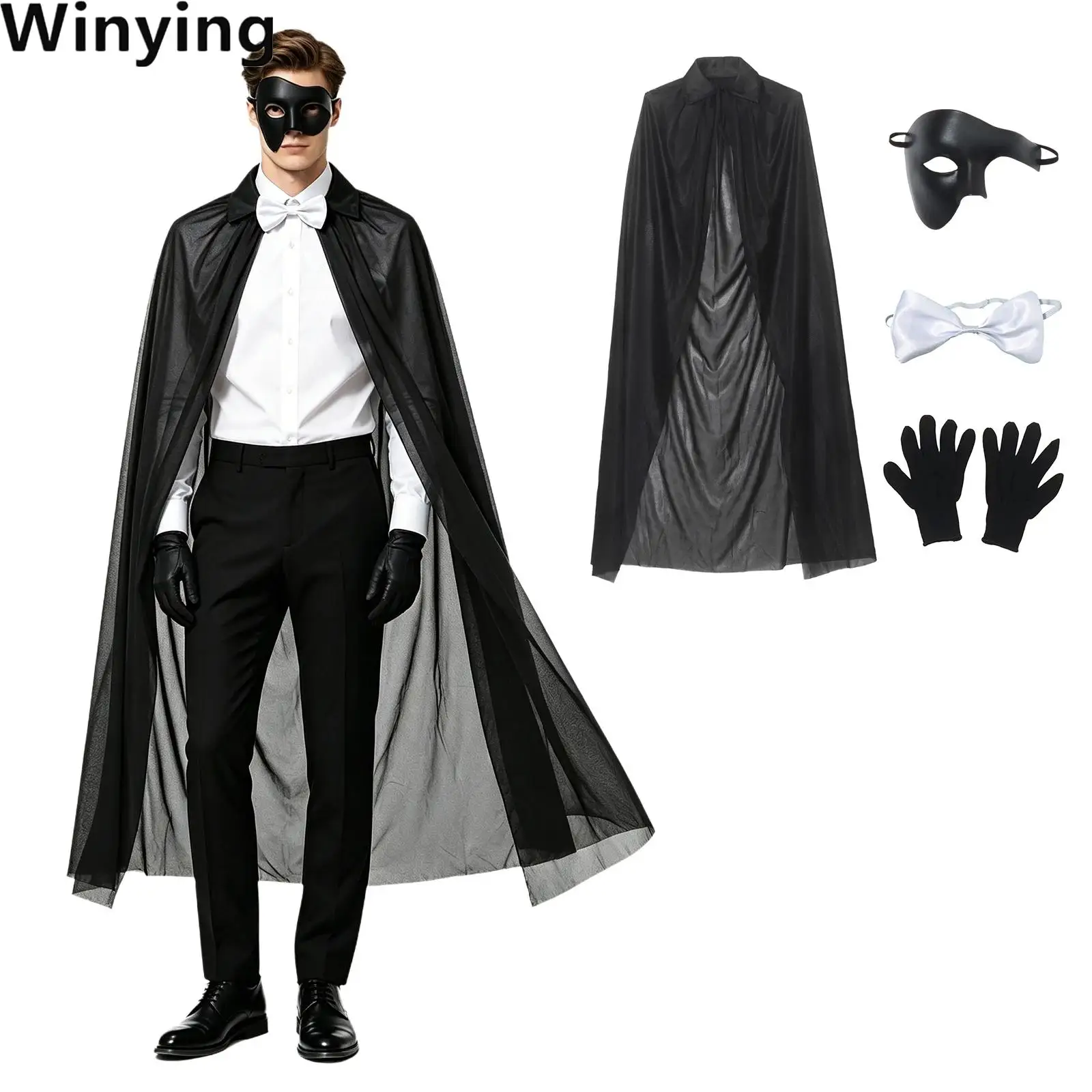4 Pcs Gothic Magician Dress Up Set Half Face Mask Bowtie Cape And Gloves Costume Outfit for Halloween Cosplay Party
