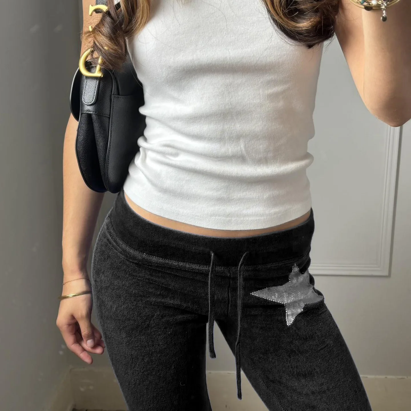 Y2K Micro Flared Pants European American Lazy Comfortable Style Slim Fit Embroidered Knitted Solid Color Drawstring Casual