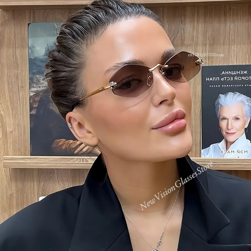 

New Frameless Cut Edge Sunglasses Diamond Shaped Personalized Leopard Sunglasses UV Resistant Small Frame UV400 Sunglasses
