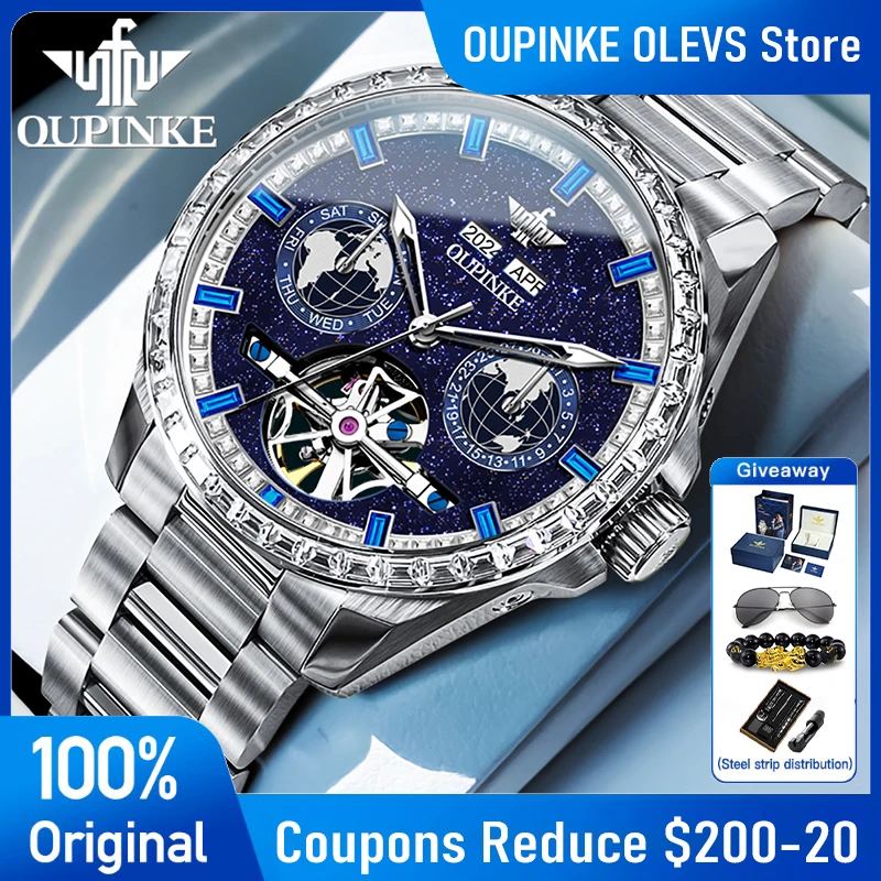 

Часы OUPINKE, мужские, роскошные, лучшие бренды, автоматические механические часы с маятником, водонепроницаемость 50 м, часы с вечным календарем, подарочная коробка, 3280