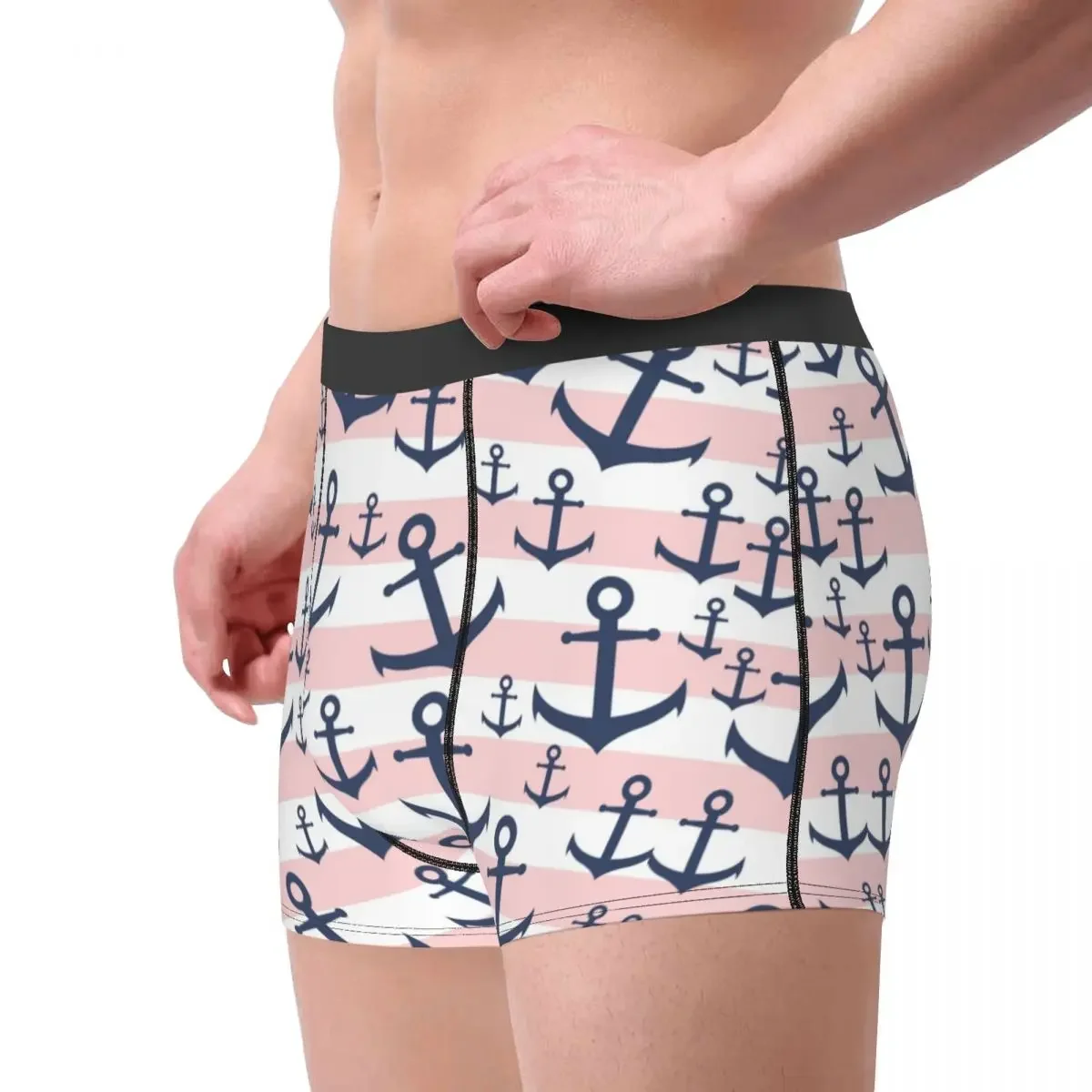 Novelty Boxer Shorts Panties Briefs Man Nautical Pink Stripe Navy Anchor Underwear Soft Underpants for Male