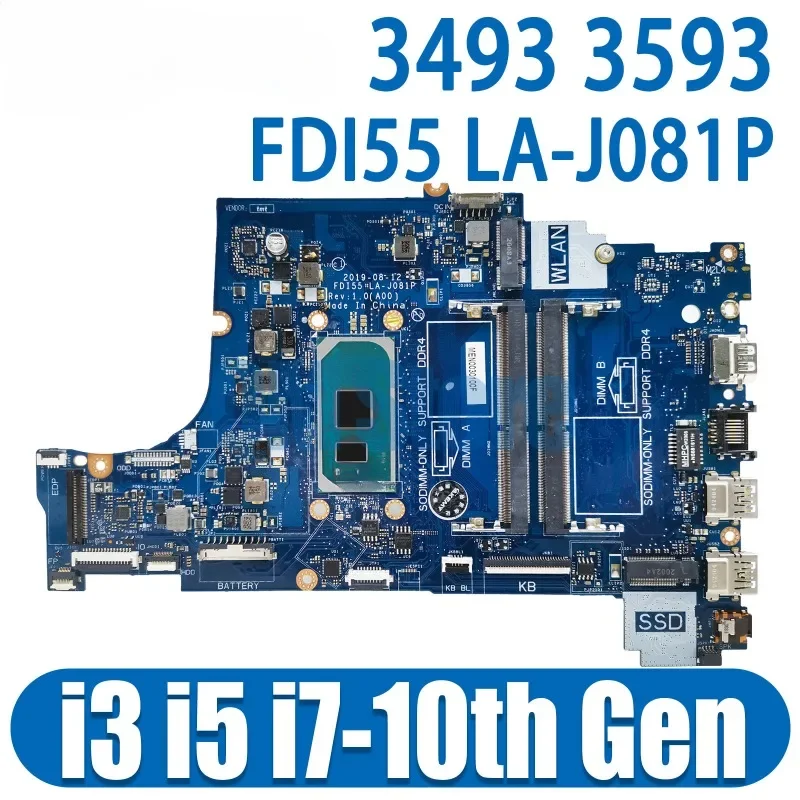 QM FDI55 LA-J081P For  3493 3593 3793 5493 Laptop Motherboard with i3 i5 i7 CPU CN-03DD3K 052X6W 004C38