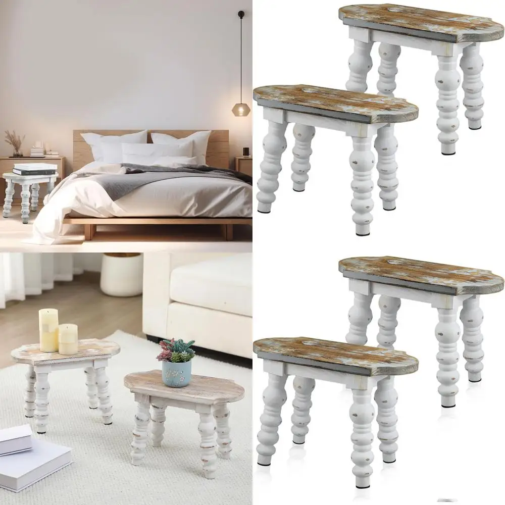 

Vintage Farmhouse Wooden Stool Set, 2-Piece, for Bathroom & Decor, Small Plant Stands, Accent Furniture for Home