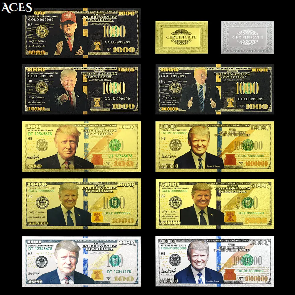 

9pcs Trump Gold Banknotes Full Set The US President Commemorative Coupon Black Gold/silver Styles Dollar Movie Money Home Decor