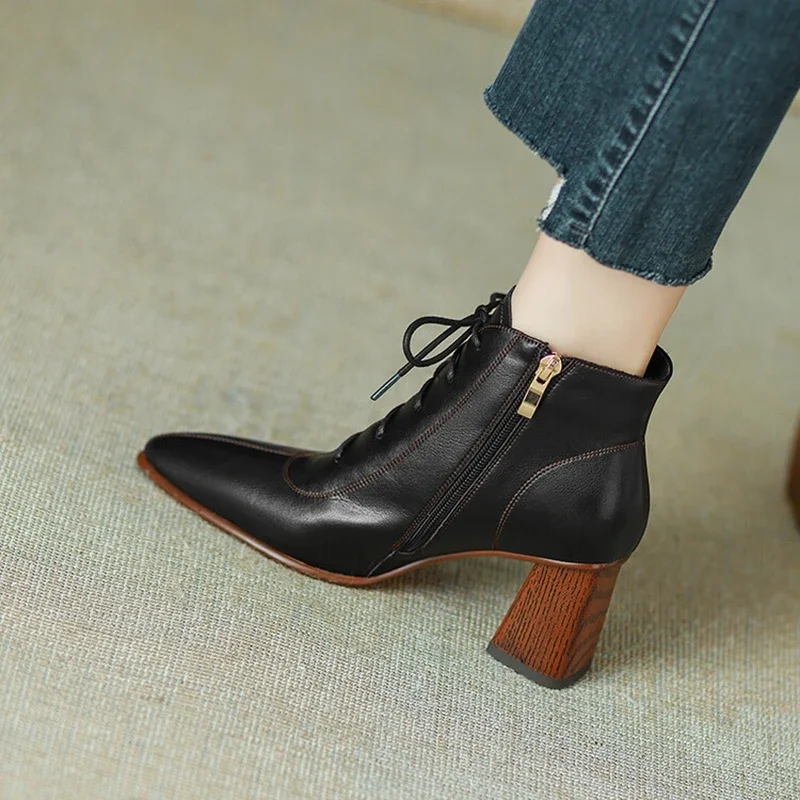 NEW Fall Shoes Women Pointed Toe Chunky Heel Shoes Women Retro Split Leather Modern Boots Concise Ankle Boots Women Brown Shoes