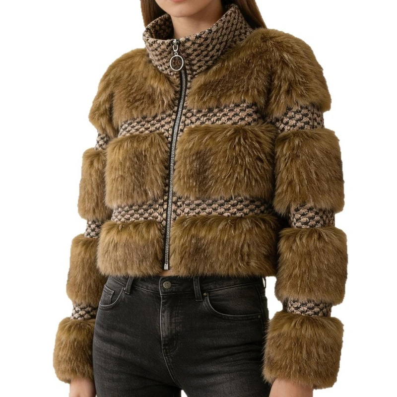 2026 Winter New Fashionable European American Style Elegant Wool Weaving Splicing Imitation Raccoon Fur Grass Coat Women's Wear