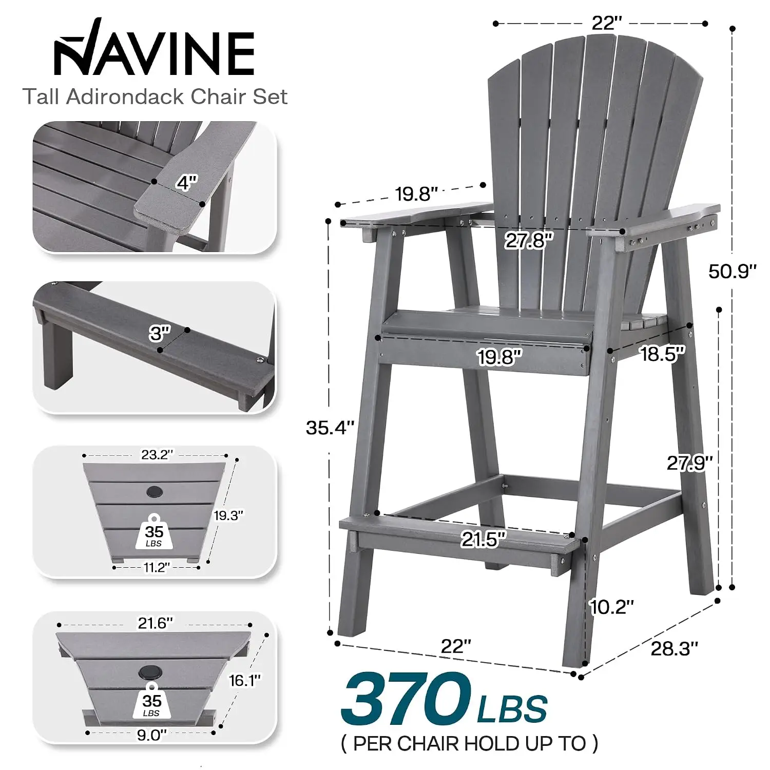 Tall Adirondack Chairs Set of 2 with Double Connecting Trays, Customized