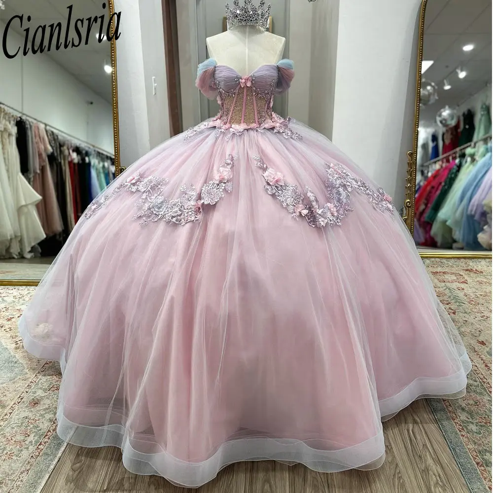 

Розовые 3D цветы, аппликации, кружевное бальное платье, платья Quinceanera, иллюзия, бисер, кристаллы, сладкий 16, Vestido De 15 Anos