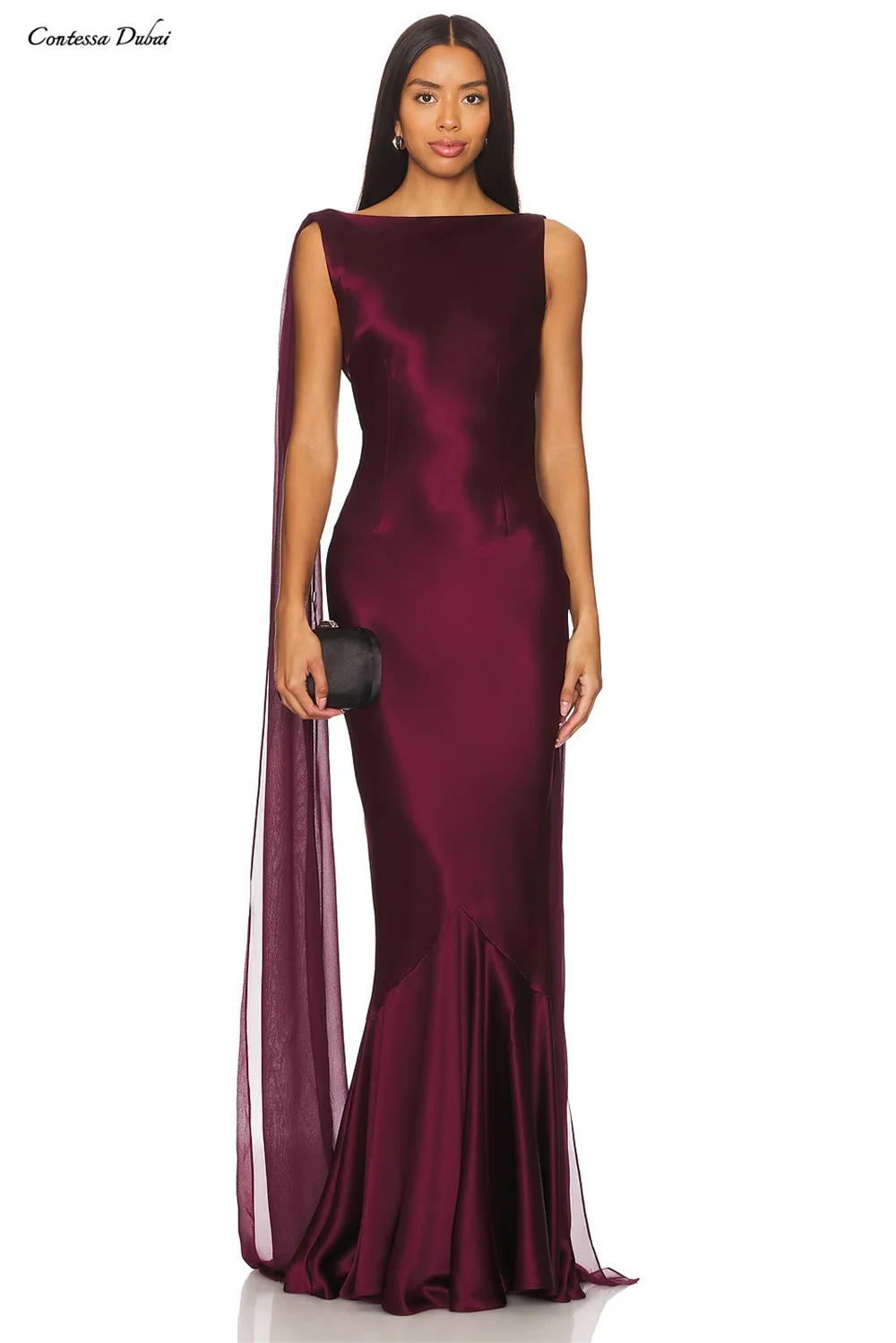 Contessa aangepaste elegante satijnen zeemeermin avondjurk met rugloze capedetail boothals lange formele jurk voor promfeest bruiloft