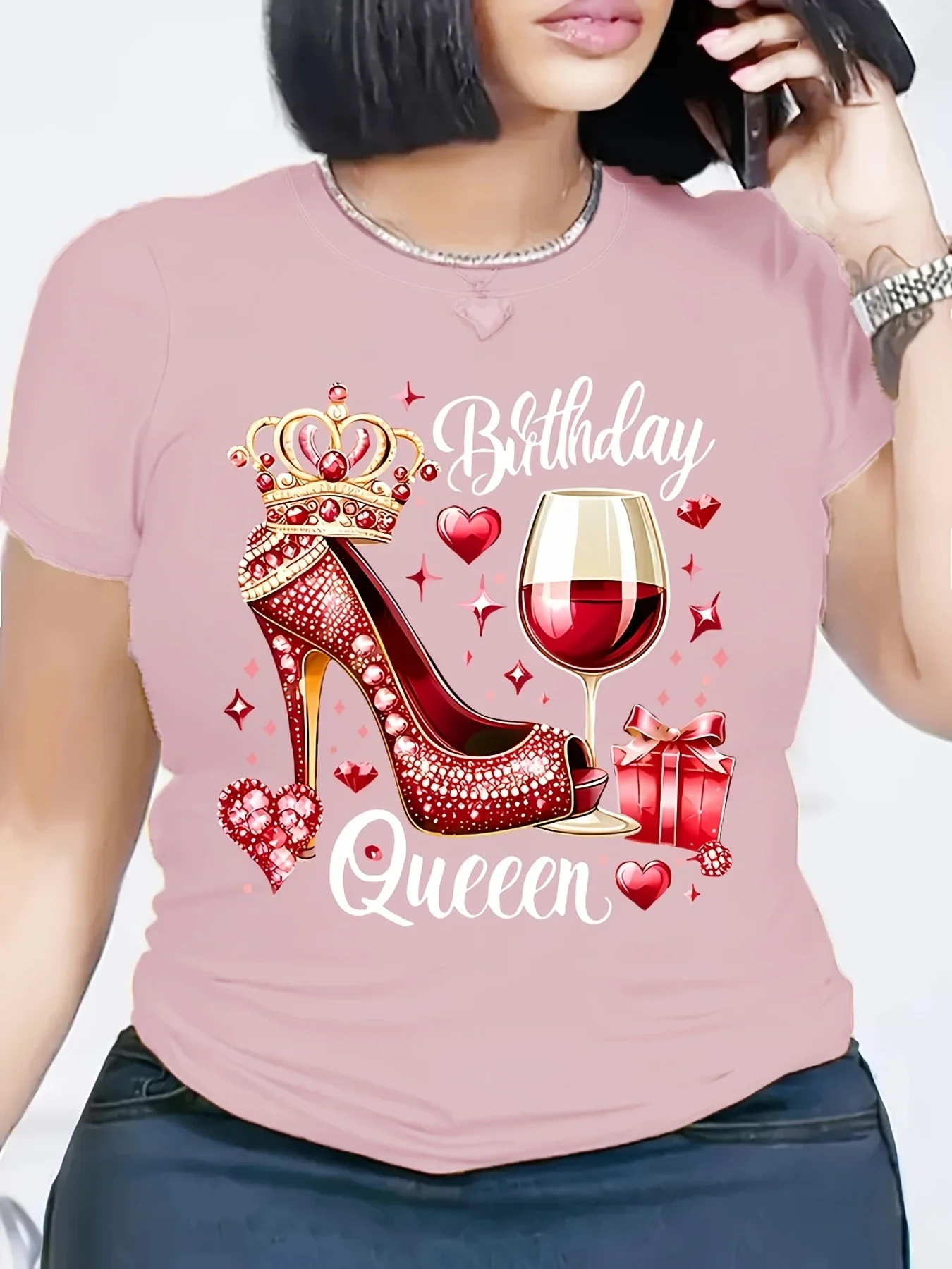 Red Birthday Queen Damen-T-Shirt mit hohen Absätzen und Krone, Weinglas-Muster, lässig, kurzärmelig, Rundhals-T-Shirt, maschinenwaschbar