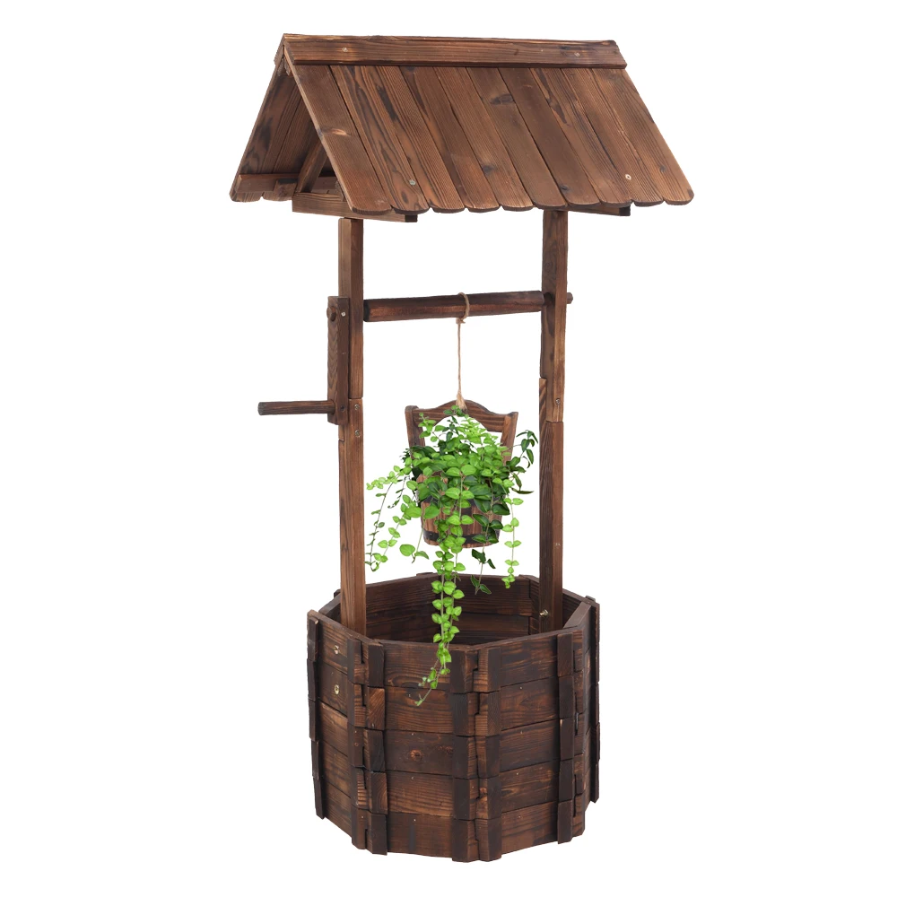 

Outdoor Wishing Well Flowerpot with Roof Reinforced And Anticorrosive Fir Wood 55x55x116CM Carbonized Color[US-Stock]