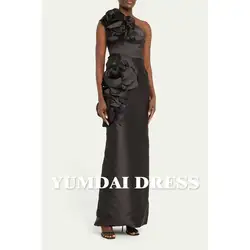 YUMDAI Gorgeous Black Satin One Shoulder Sleeve Evening Gown Luxury Dubai Women's Special Occasion Formal Ankle Floral Dress