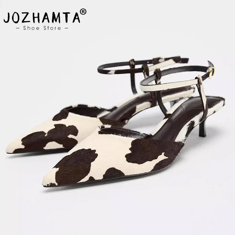 JOZHAMTA Size 34-43 New Horsehair Sandals Real Leather Shoes Woman Round Toe Buckles loafers 2025 Casual Daily Sandals Shoes