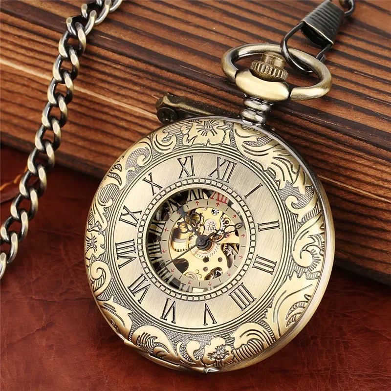 Bronze Carved Roman Number Case Men Women Handwinding Mechanical Pocket Watch Skeleton Timepiece with Pendant Chain Gift Clock