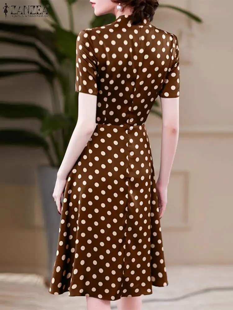 ZANZEA Elegant Polka Dot Dress 2024 Summer Women Tie Neck Sundress Bohemian Short Sleeve Knee Dresses Casual Waisted Office Robe