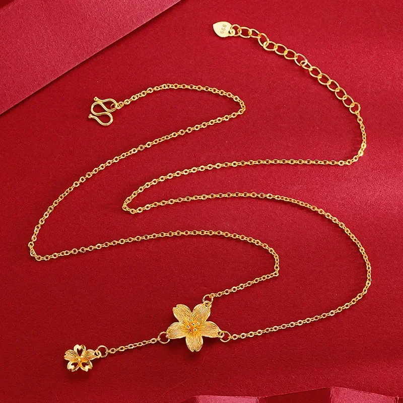 

9999 Real Gold 24K Fresh and Sweet Niche Design Cherry Blossom Fringed Collarbone Necklace Female Cold Flower Necklace