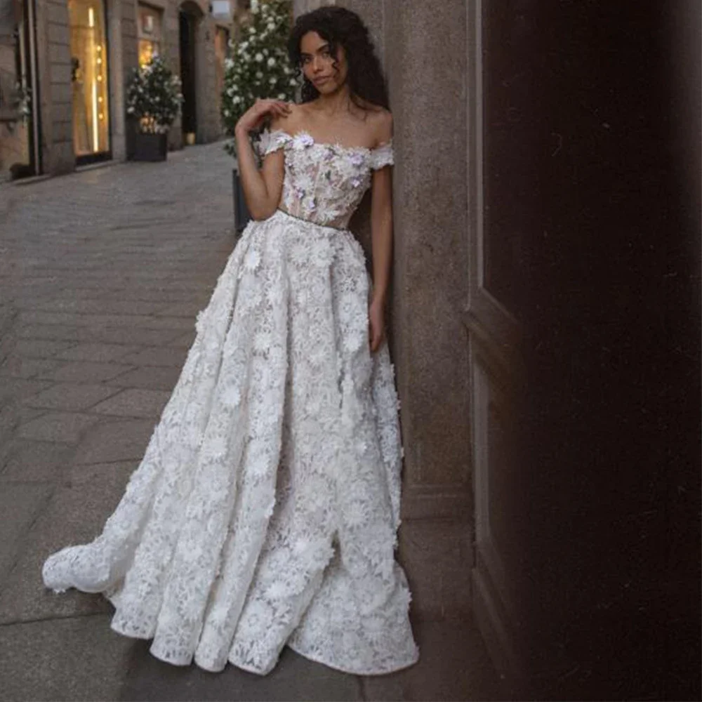 

Luxury 3D Flowers Lace Wedding Dress Off the Shoulder Princess A-Line Floor Length Sexy Open Back Bridal Delicate Illusion Gowns