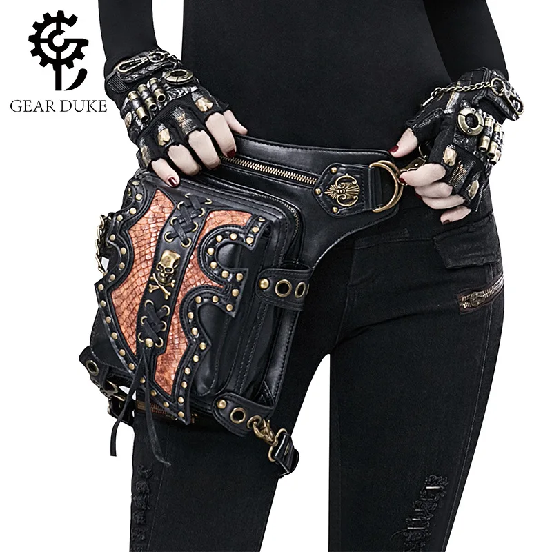 

Gear Duke Streampunk Skull Rivet Bandage Chain Bag Medieval Time Waist Bag Multiple Wearing Messenger Motorcycle Riding Backpack