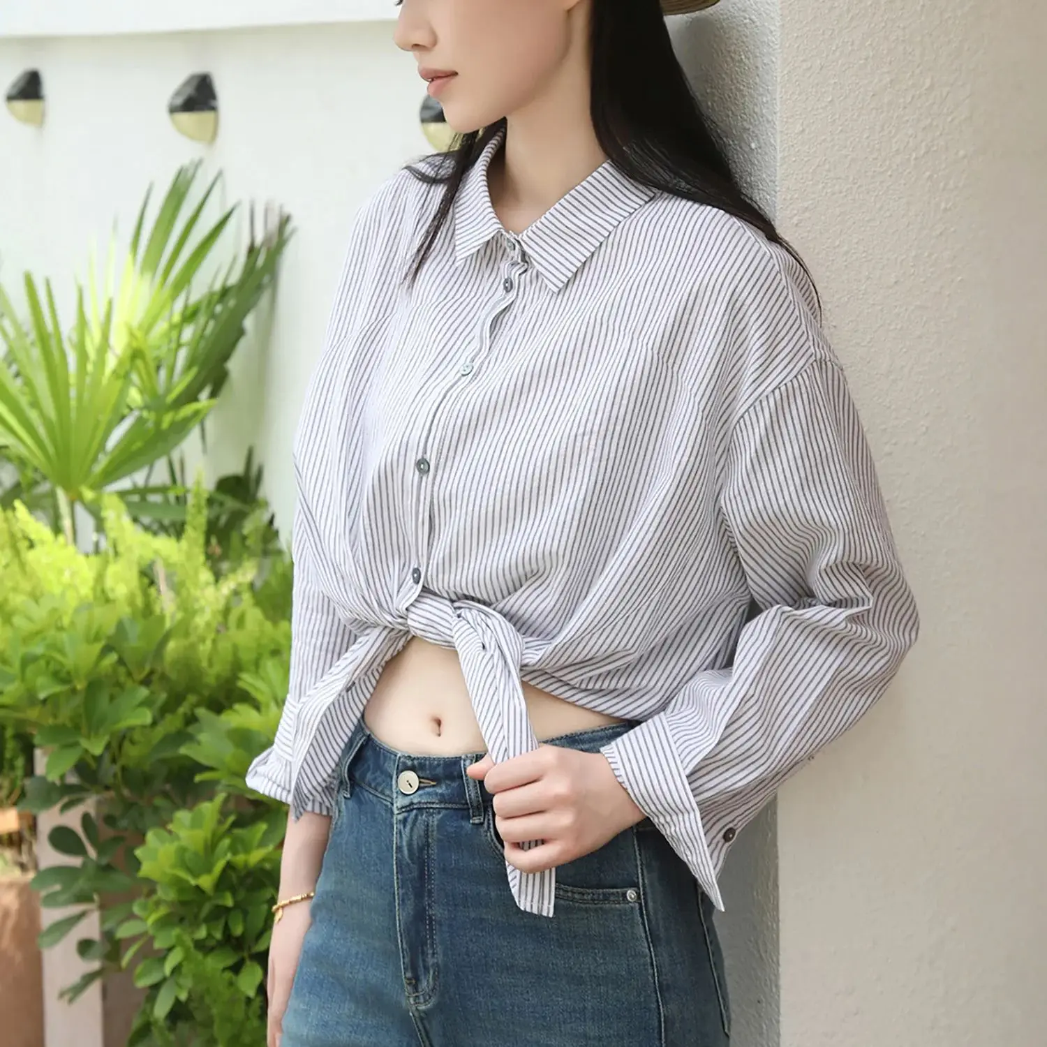 เสื้อเชิ้ตแขนยาวทรงหลวมลายทางสีดำขาวสำหรับผู้หญิง LZJN – เสื้อคลุมคาร์ดิแกนแบบสวมทับสำหรับฤดูใบไม้ผลิ/ฤดูใบไม้ร่วงสไตล์ลำลอง