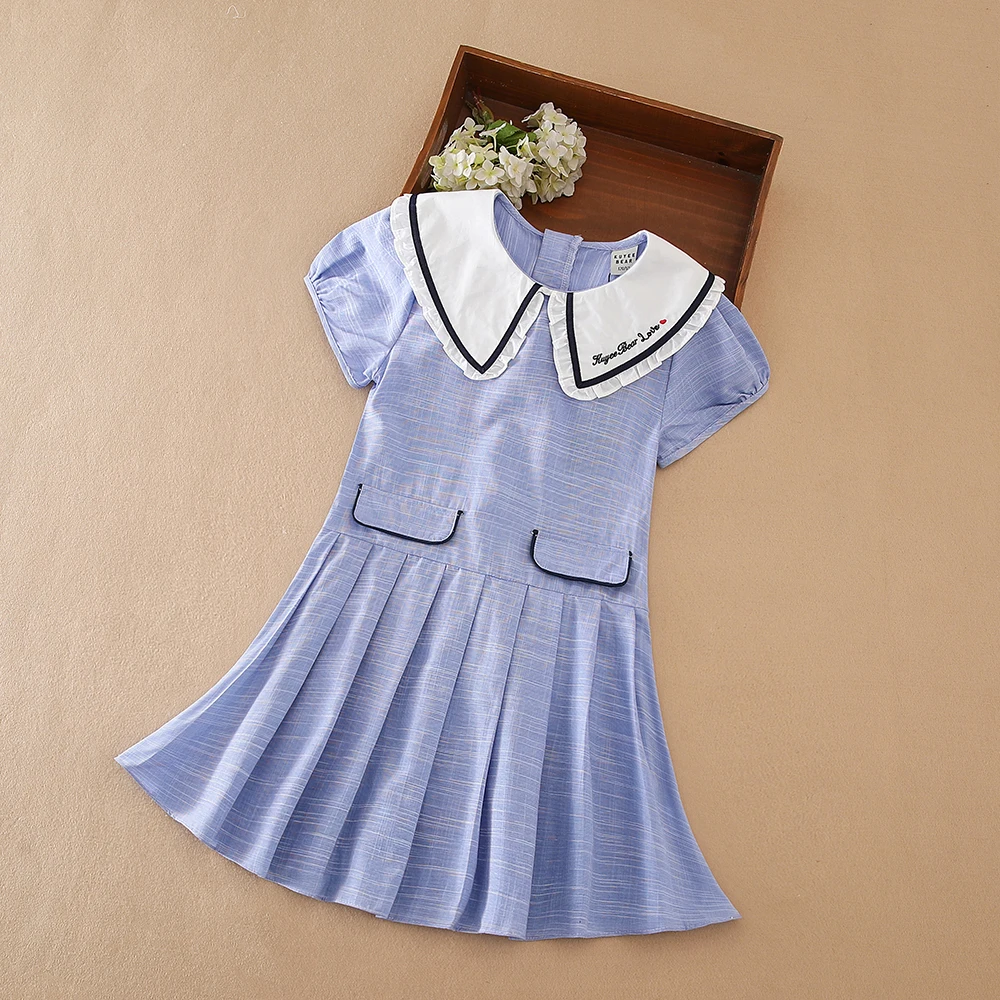 

Детская одежда, синее платье для девочек, академический образ, дизайн с короткими рукавами и воротником с лацканами, школьная форма, стильная детская одежда
