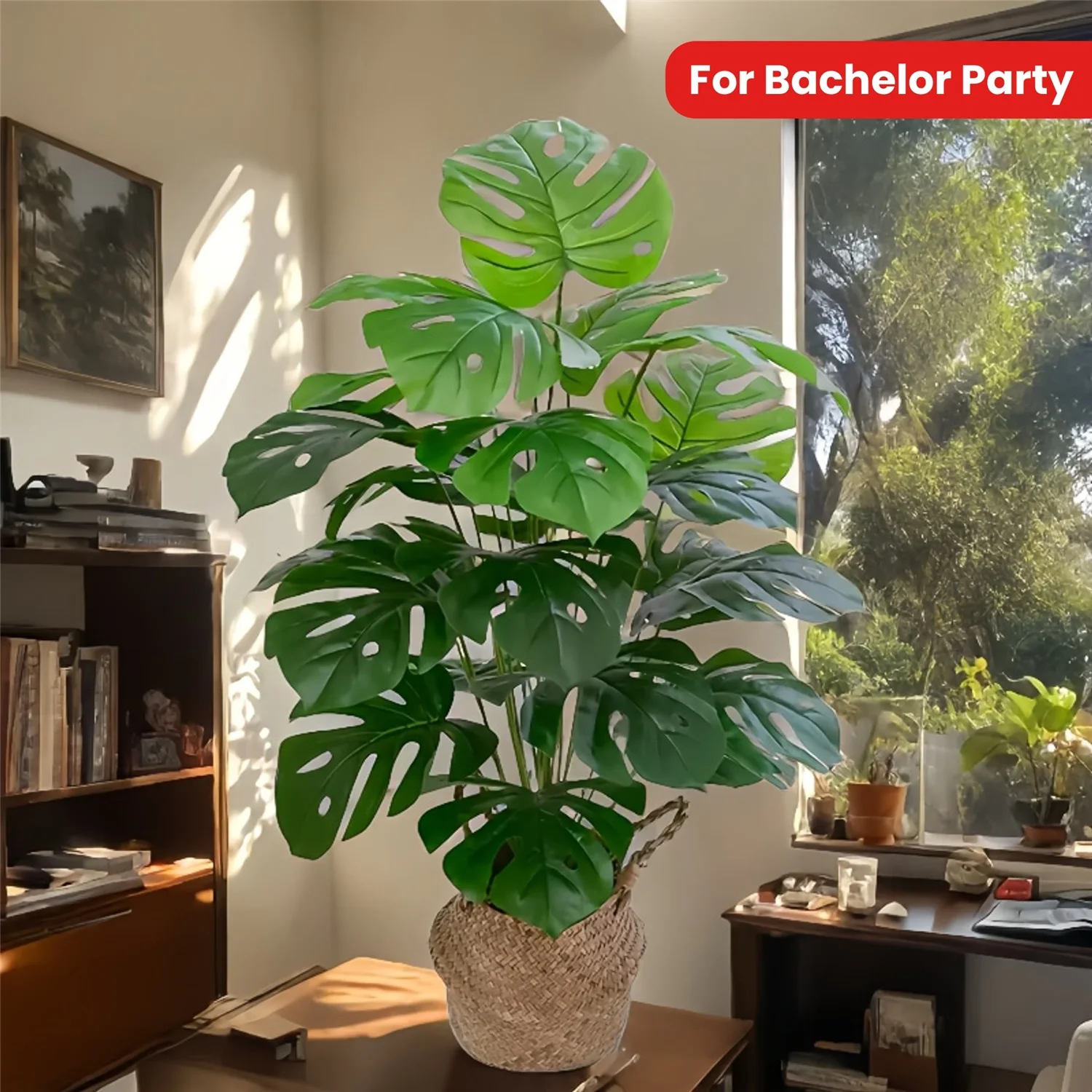 Eine große tropische künstliche Dracaena-Grünpflanze mit 24 großen Blättern und weitem Zweig für die Dekoration im Heimbüro