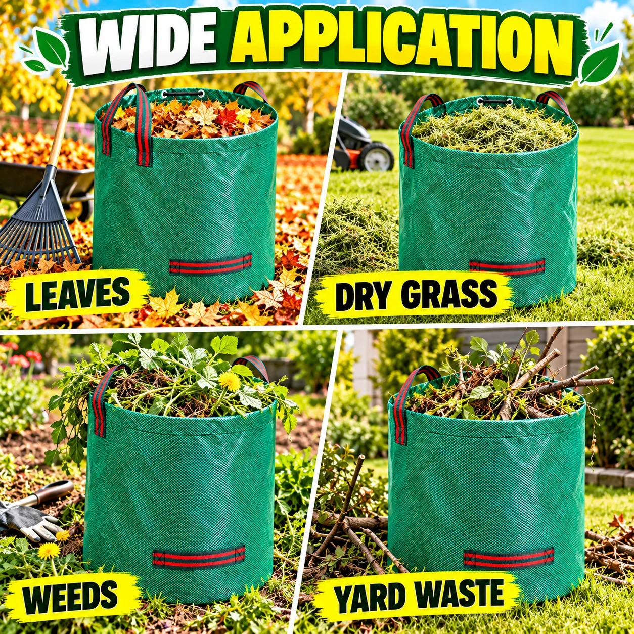 Garden Leaf Bag Heavy Duty Reusable PP Yard Waste Bag with Handles, Foldable for Leaves Grass Weeds Lawn Garden Cleanup 50-500L
