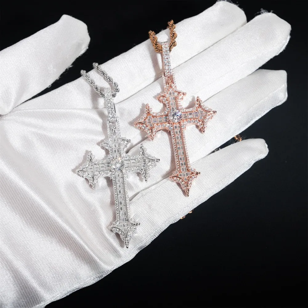 S925 Silver Iced Bling Baguette Cut Moissanite Cross Pendant Hiphop Men Tennis Cuban Pendant Necklace Pass Diamond Tester - Image 2