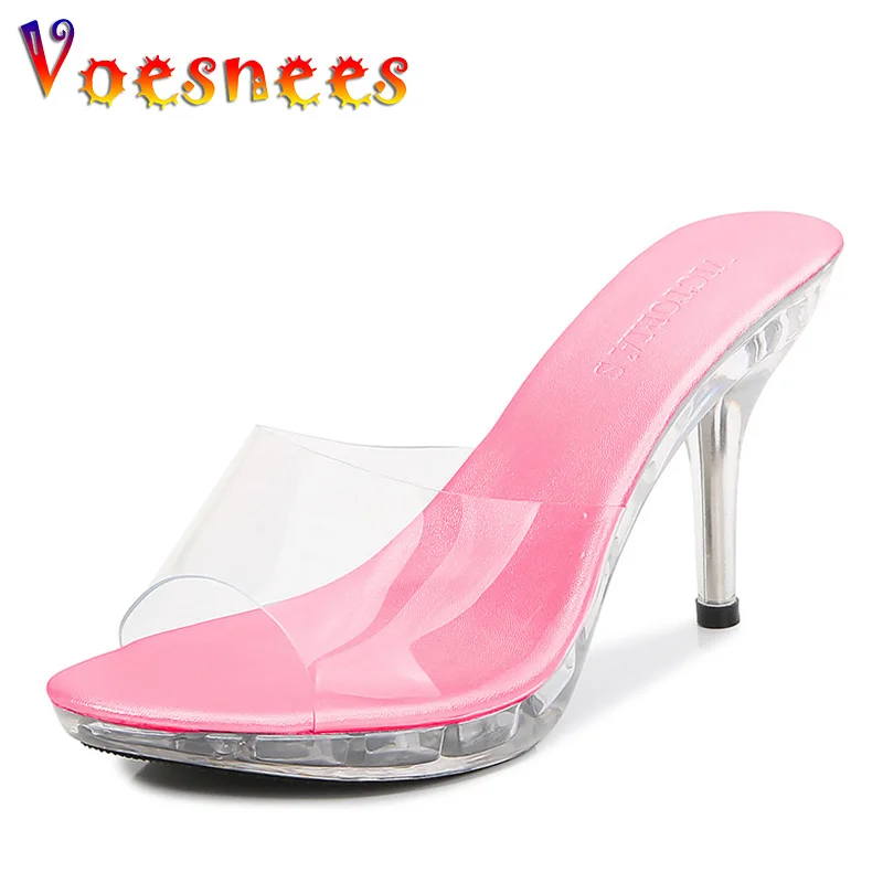 New Outdoor Transparent Crystal Summer Sandals Women\'s Slippers 9cm Beach Ladies Clear High Heels Sexy Women Shoes Black Silver