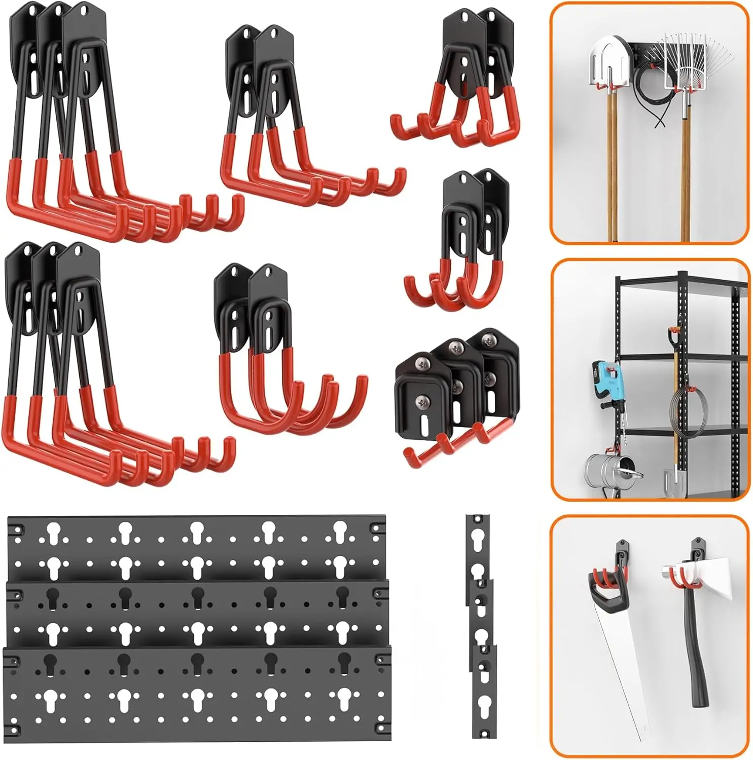 

24 PCS Garage Storage Hooks with Tracks, Wall Mount Tool Organizer for Garden Tools, Ladders, Cords, Folding Chairs, Shovels