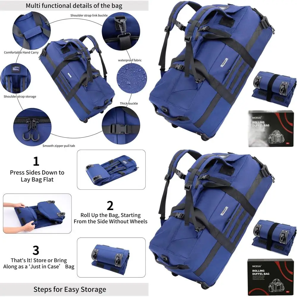 

80L Capacity Rolling Travel Bag with Adjustable Straps and Wheels (Blue)