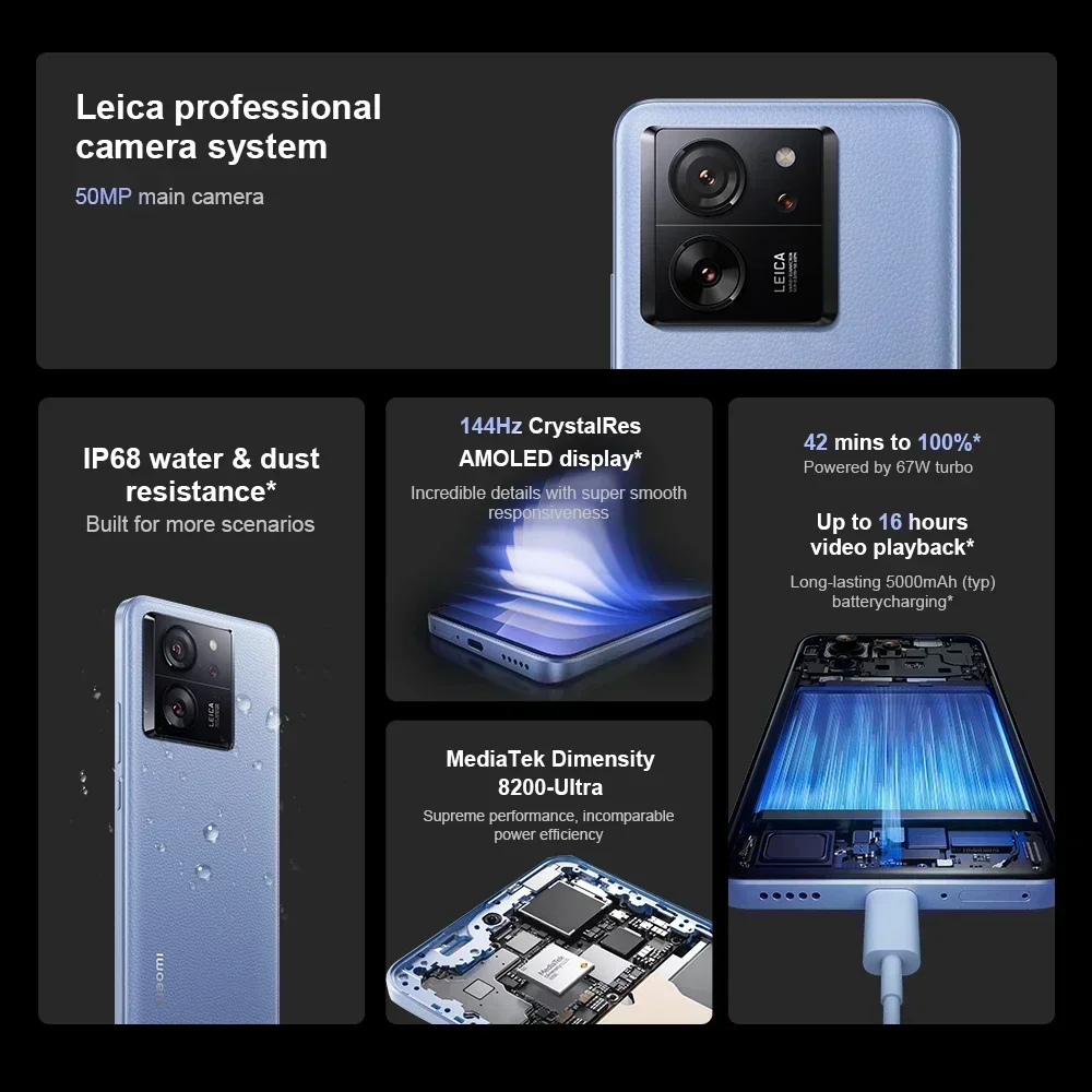 Xiaomi-Appareil photo Leica 13T 5G, grand écran, taux de rafraîchissement élevé 144Hz, étanche IP68, NDavid, MediaTek Dimrespondable 8200-Ultra, version globale