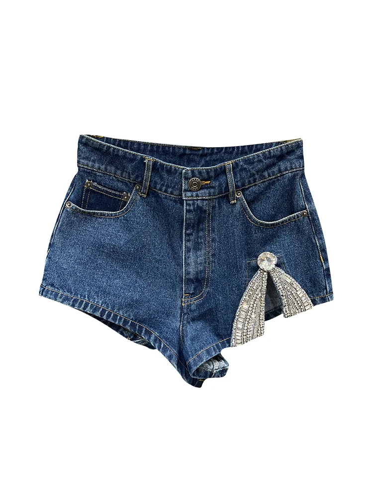 DEAT Trend Hem Diamond Patchwork Slit Denim Shorts Women High Waist Vintage Pattern Short Jeans Female 2023 Summer New 11XX2244