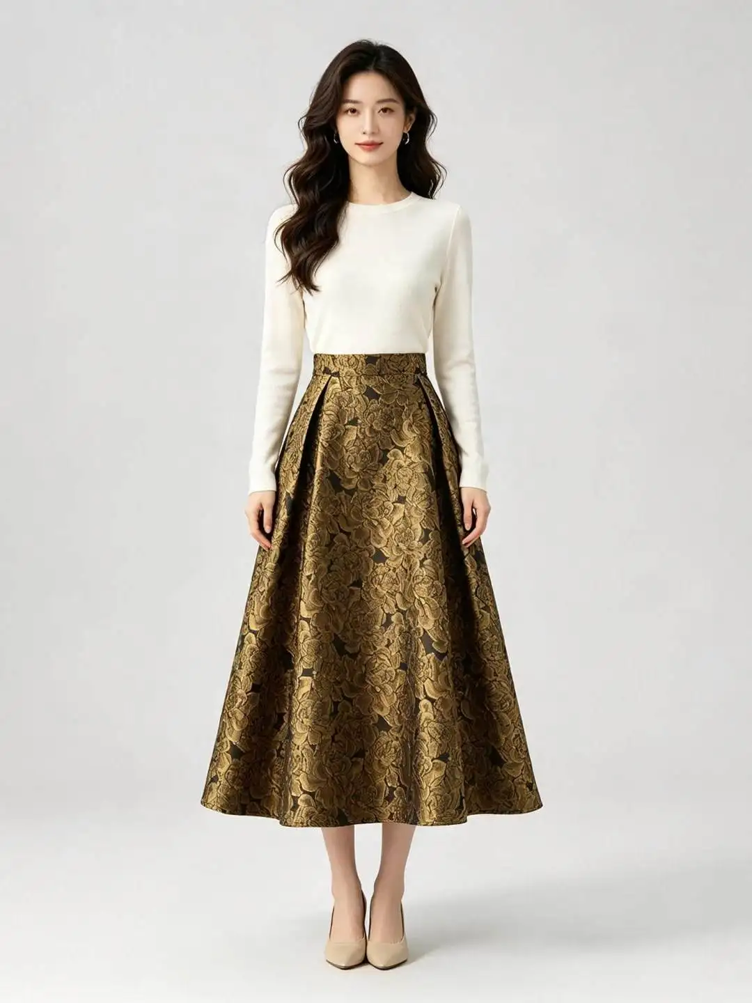 High Quality Vintage Hepburn Gold Jacquard Ultra Long A-line Skirt New Spring Autumn High Waist Big Bottoms Elegant Puff Skirts