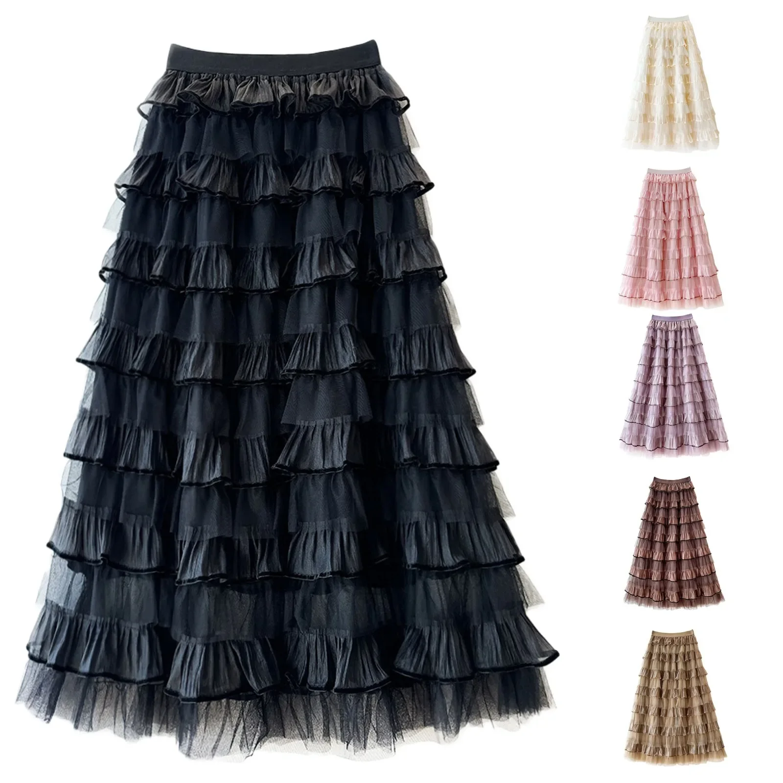 Süßer, bauschiger Tüll-Midirock für Damen, hohe Taille, gestufte Rüschen, A-Linie, süßer Stil, für Hochzeitsgäste, Einheitsgröße, Polyester – Detail 1