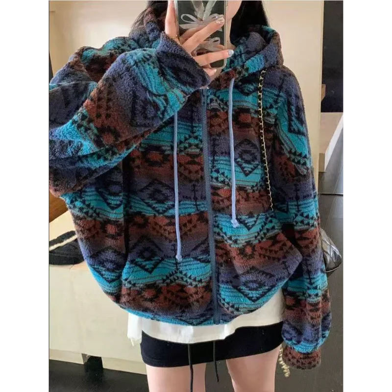 

Женский осенне-зимний новый стильный свободный повседневный двусторонний плюшевый теплый цветной клетчатый кардиган с капюшоном, верхняя одежда