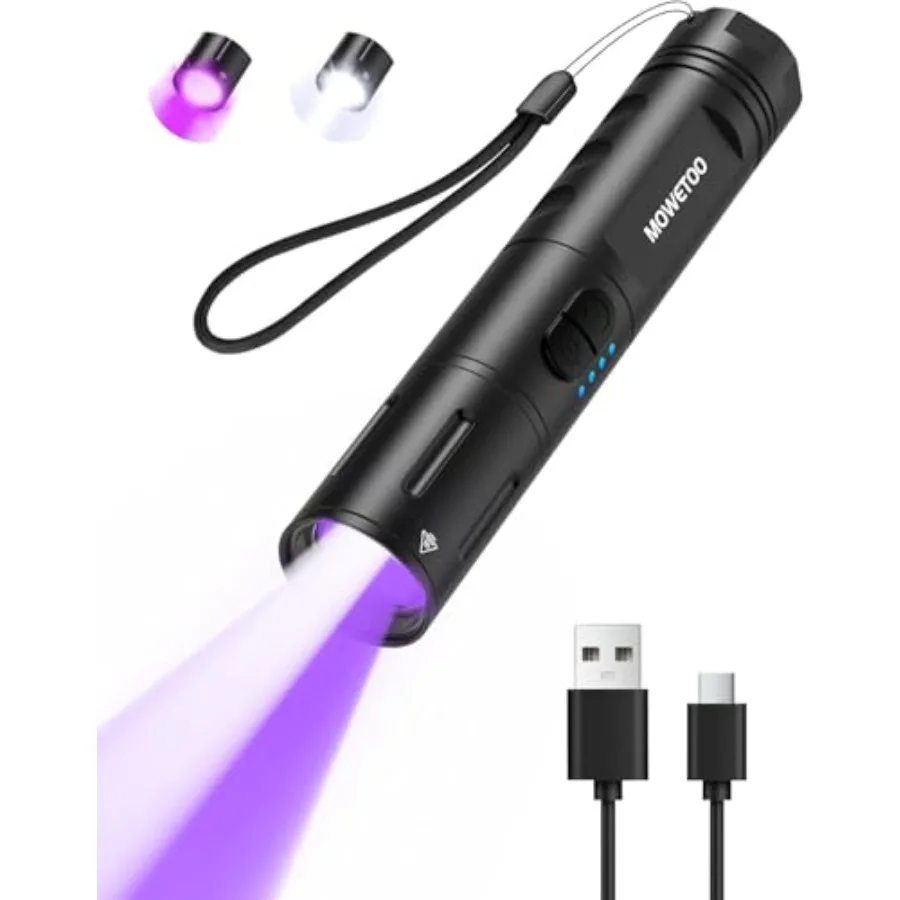 

UV Black light Flashlight Rechargeable 2-in-1 LED White Light Flashlight and BlackLight 395nm, Waterproof, Zoomable, Super Brig