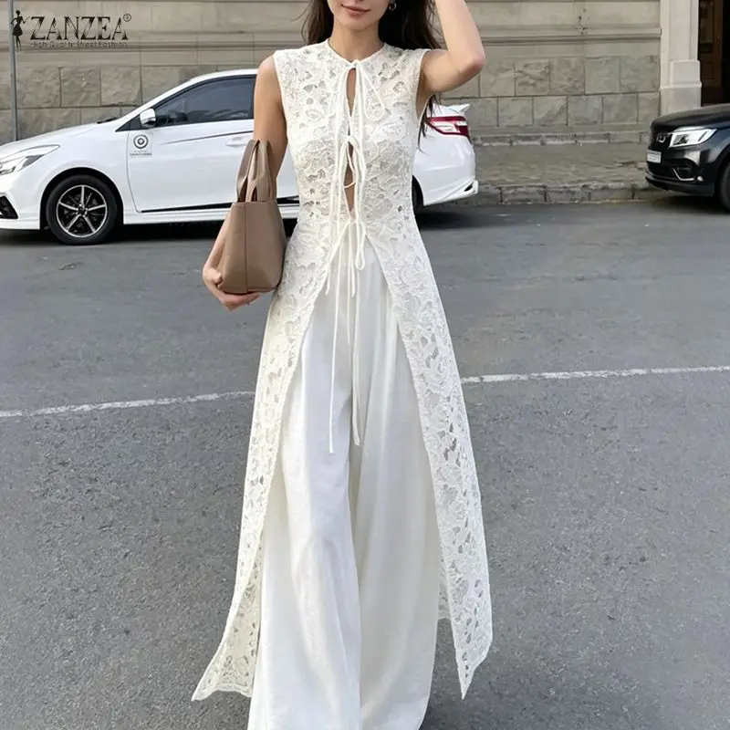 

ZANZEA Fashion Women Lace Cardigan Summer Sleeveless Long Tops Party Blouses Lace-up Blusas Streetwear Solid Tee Oversize 3XL