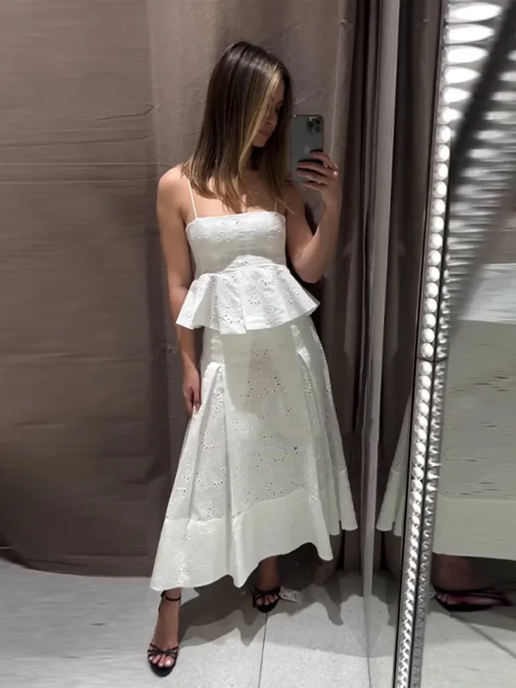 

Hollow Out Patchwork Women's Skirt Sets Off Shoulder Pleated Sling Top High Waist Wide Skirts Female Suit Summer Lady Outfits