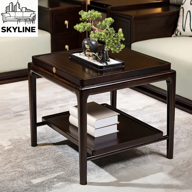 Light Luxury Solid Wood Removable Square Side Table, Ebony Finish Corner Cabinet for Living Room Sofa